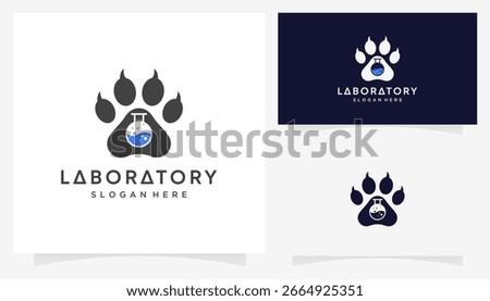Combined vector of dog footprints with lab glass icons symbols. Abstract shape ideas science and animal research logo design graphic.	