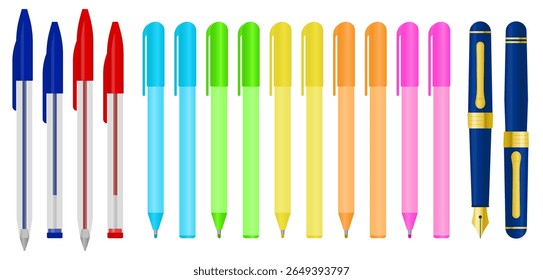 Combined vector set of ballpoint, gel, and fountain pens in both open and closed styles.
