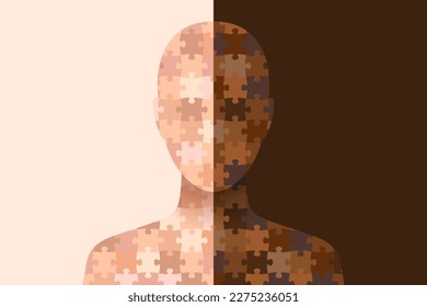 Combined woman silhouettes with dark and light skin assembled from puzzle pieces of different skin tones. Concept of variety of beauty, different skin colors, beautiful people