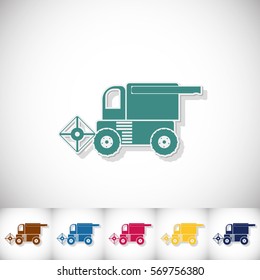 Combine-harvester. Flat sticker with shadow on white background. Vector illustration