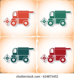 Combine-harvester. Flat sticker with shadow on old paper. Vector illustration