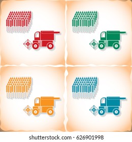 Combine-harvester gathers the wheat. Flat sticker with shadow on old paper. Vector illustration