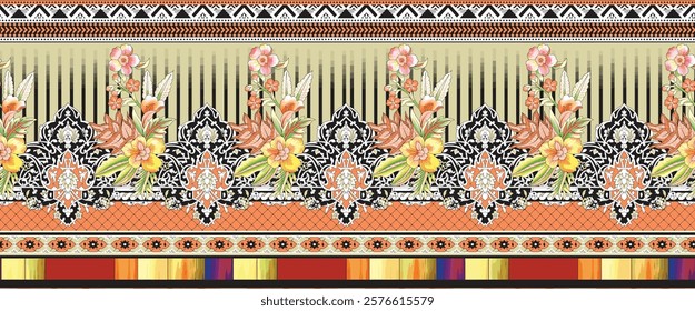 Combines bold Border designs with geometric shapes like circles, rectangles, or checkered 