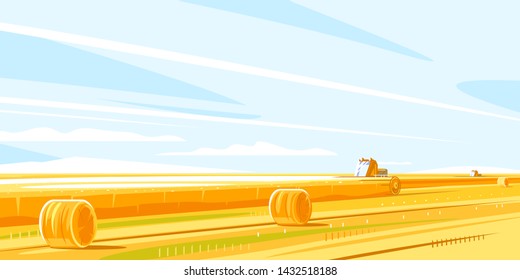 Combines harvesting wheat fields, autumn rural landscape with harvesting machines and haystacks, dried haystack to the horizon in simple colors and lines, farming life concept illustration