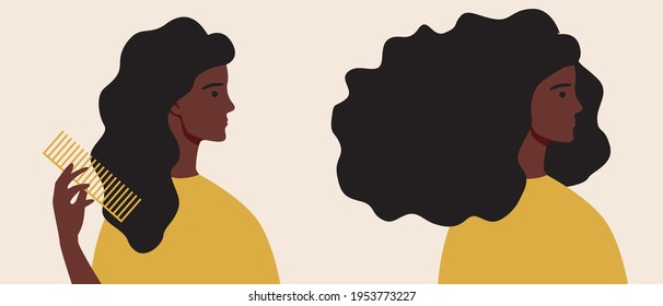 Combing afro curls. Flat vector stock illustration. A woman with a comb combing her hair. Afro hair care concept. Naughty curls. Hair Styling. Vectorg graphics