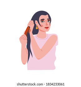 Combing hair woman isolated element in trendy style on white background. Girl does her hair. Selfcare illustration.