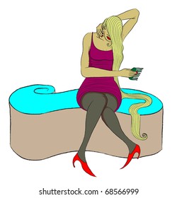 Combing Lady. A charming lady caught in the act of combing her long blonde hair, while sitting on a modern shaped sofa. Editable file in AI and EPS formats available with download.