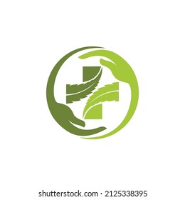 combinación de círculo, mano, hoja de marihuana y concepto de signo médico 