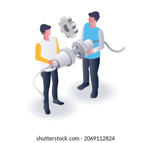 Combining solutions from both businesses in isometric illustration