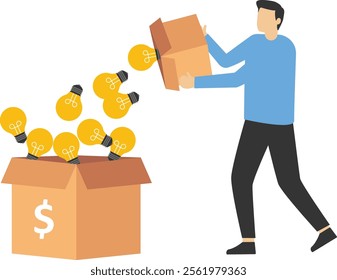 Combining tons of money making ideas in a box, Vector illustration design concept in flat style

