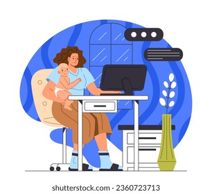 Combinar el concepto de trabajo y cuidado de bebés. Mujer sentada con su bebé en el lugar de trabajo cerca del monitor de computadora. Mujer casera con un niño en pañales. Trabajador independiente y a distancia. Dibujo vectorial plano de dibujos animados