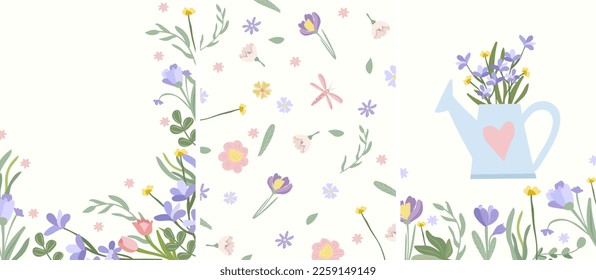 Combo of bright compositions with spring flowers, butterflies, garden watering can, green leaves. Postcards Spring flowering. Ideal for banners, cards, posters. Vector illustration.
