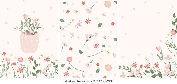 Combo de composiciones brillantes con flores de primavera en jarrón decorativo, mariposas, hojas verdes. La primavera postales florece. Ideal para carteles, tarjetas, carteles. Ilustración vectorial.