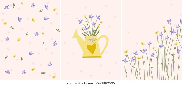 Combo of bright compositions with spring flowers in garden watering can, decorative flowers and leaves. Postcards Spring flowering. Ideal for banners, cards, posters. Vector illustration.