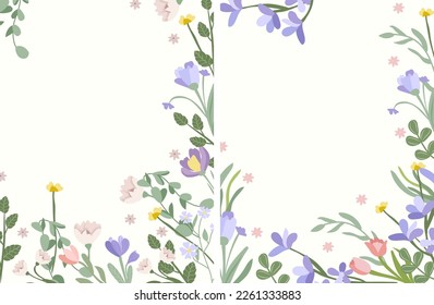 Combo of bright posters with spring flowers, tulip, crocus, lavender and green leaves. Postcards Spring flowering. Ideal for banners, cards, posters. Vector illustration.