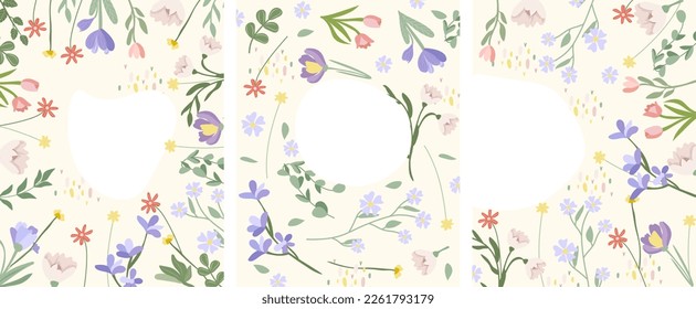 Combo of bright posters with spring flowers, tulip, crocus, lavender and green leaves. Postcards Spring flowering. Ideal for banners, cards, posters. Vector illustration.