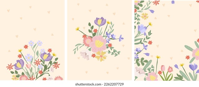 Combo of bright posters with spring flowers, tulip, crocus, lavender and green leaves. Postcards Spring flowering. Ideal for banners, cards, posters. Vector illustration.