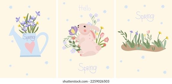 A combo of bright spring compositions with flowers in a garden watering can, a cute bunny and spring flowers. Ideal for banners, cards, posters, stickers. Vector illustration.