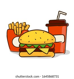 Combo fast food: burger, fries and beverage, cola, doodle vector icon