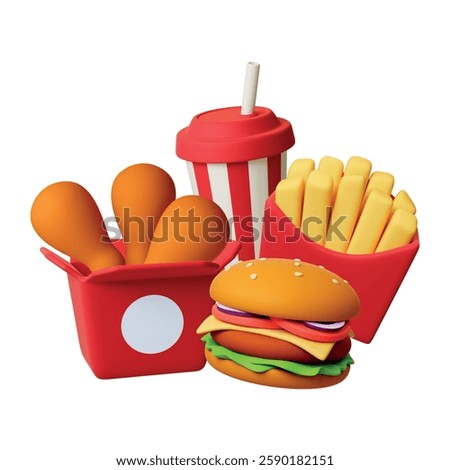 Combo fast food restaurant dinner or lunch. Potatoes fries, chicken legs, burger and drink 3d composition. Unhealthy popular meal, isolated vector realistic elements
