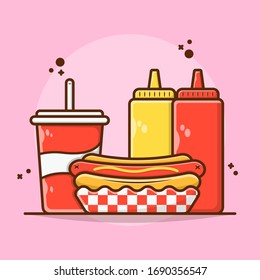 Combo Meal Menu Hot Dog with Ketchup, Mustard, and Soda Vector Illustration. Menu Fast Food and Junk Food Flat Cartoon Style Suitable for Sticker, Wallpaper, Icon, etc.