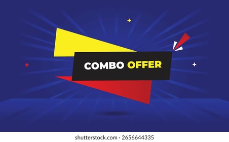 Combo offer editable web banner vector art template design badge icon label in yellow black gray red gradient shapes with dark blue light sun shine abstract business background for unique branding