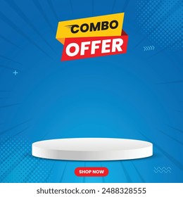 Combo Offer Social Media post with podium, Special Offer and Promotional Post social media, Blue color template, social media banner with combo offer mnemonic.