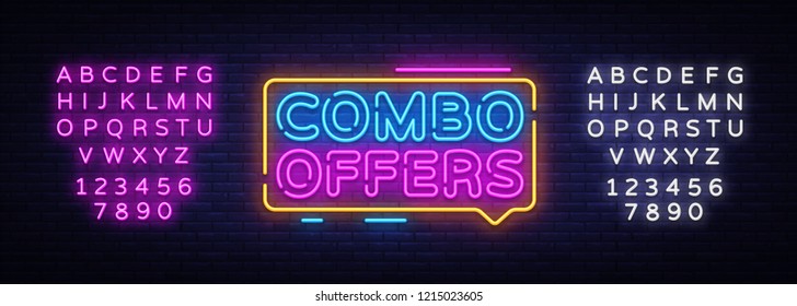 Combo Offers neon text vector design template. Big discount light banner design element colorful modern design trend, night bright advertising, bright sign. Vector. Editing text neon sign