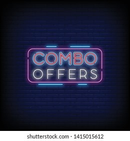Combo Offers neon text vector with a Brick Wall Background design template. light banner design element colorful modern design trend  night bright advertising  bright sign. Vector illustration