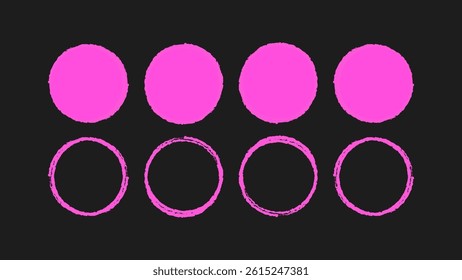 Combo pack of rough brush circles and crayon scribble rounds. Hand drawn stamp shapes and sketch lines. Grunge and kids style frame mix. Vector set.