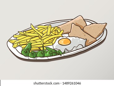 Combo plate. Fried eggs, loin, peppers and chips. Vector illustration