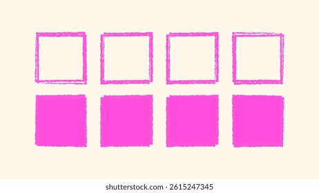 Combo square set with stamp-style grunge frames and childlike crayon outlines. Messy and artistic hand drawn shapes. Vector illustration.
