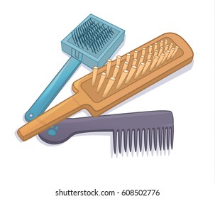 Combs and brushes for combing dogs cartoon vector illustration