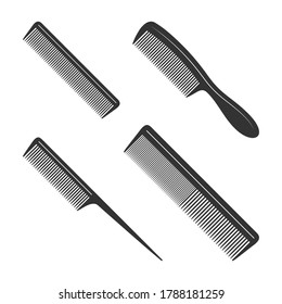 Combs graphic icons set. Different combs for hair black signs isolated on white background. Barbershop symbols. Vector illustration