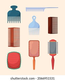 Combs. Professional items for beauty salon or barbershop woman objects for hair shapes garish vector combs in flat style