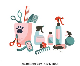 Combs, scissors, clipper, nippers, sprays, care products. Set of  Products for grooming, pet shop. Objects isolated on white background, cartoon style. Vector illustration.