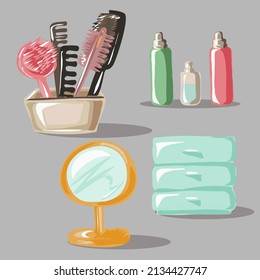 Combs, pistola de spray, espejo redondo, cómoda con peines. Organización de almacenamiento de cosméticos, peines, peluqueros en el salón de belleza y en el apartamento.  Salón de pelo, cuidado de pelo. Vector aislado.
