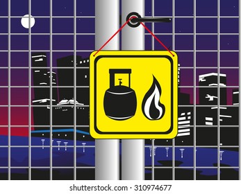 Combustible material. Danger sign on the closed door. Colored vector illustration.