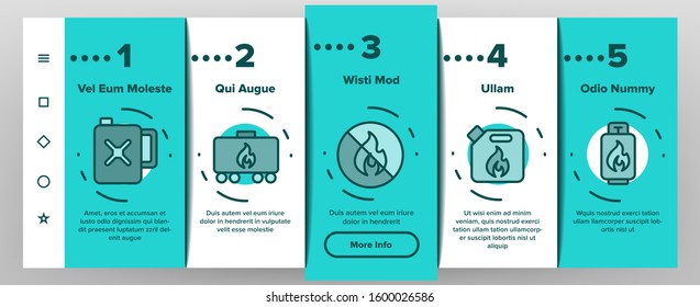Combustible Products Onboarding Mobile App Page Screen Vector. Burning Gaz From Pipe, Flame On Mark And Shield, Warning Combustible Things Illustrations