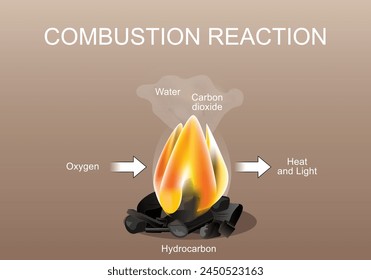 Combustion chemical reaction. Stoichiometric combustion of a hydrocarbon in oxygen for example of flame of fires, air is the source of oxygen O2. Isometric flat vector Illustration