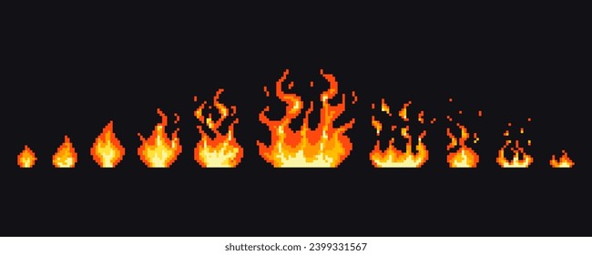 Combustion stages of a large fire, steps of pixel flame ignition. Small bonfire turning into a wall of fire and gradually fades away. Stages of pixel fire ignition.