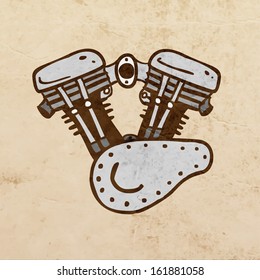 V-Twin Motorrad Motor für den Verbrennungsbetrieb. Cute-handgezeichnete Vektorgrafik, Vintage-Papier, Stoffhintergrund