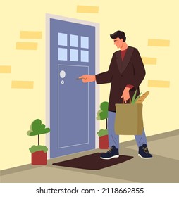 Come back home abstract concept. Male businessman or employee in stylish clothes holds bag of groceries and opens apartment door. After store or work. Cartoon contemporary flat vector illustration