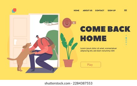 Come Back Home Landing Page Template. Excited Dog Running Towards Their Owner At Home, Wagging Tail