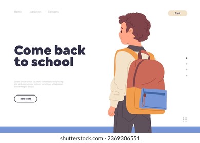 Come back to school text on landing page template with little schoolboy character with backpack design