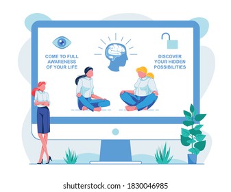 Come to Full Awareness your Life Course, Flat. Online Course has Opportunity to Explore Hidden Possibilities Mind. On Big Screen is Head with Brain, as Well as Two Girls Sitting on Floor.