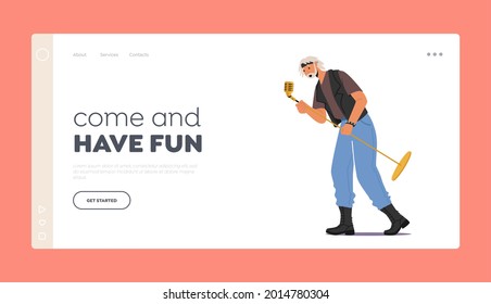 Come and Have Fun Landing Page Template. Old Man Dancing and Jumping on Stage Performing Rock in Karaoke Bar. Artist Male Character Singing at Music Event or Concert. Cartoon Vector Illustration