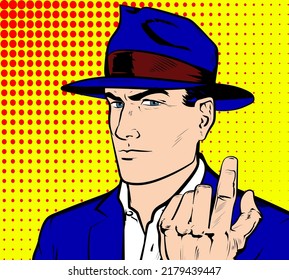 Come here. Old Police Detective Investigator in top hat calling the viewer. Man showing come here with index finger gesture. Vector illustration in Comic Book Pop Art retro vintage art style