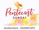 Come Holy Spirit, Pentacost Sunday watercolor holiday card. Creative banner design with lettering and dove in flame. Vector illustration