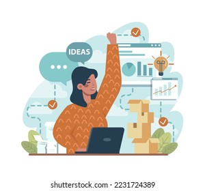 Se le ocurrió un concepto de idea. Innovación creativa o generación de soluciones empresariales. Inspiración e imaginación en una tormenta de ideas. Bombilla como metáfora. Ilustración vectorial plana